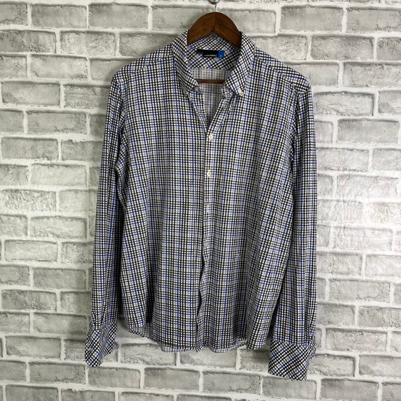 J. Lindeberg Black & Cobalt Plaid Performance Button Up Shirt Mens Large FLAWS - Picture 1 of 9
